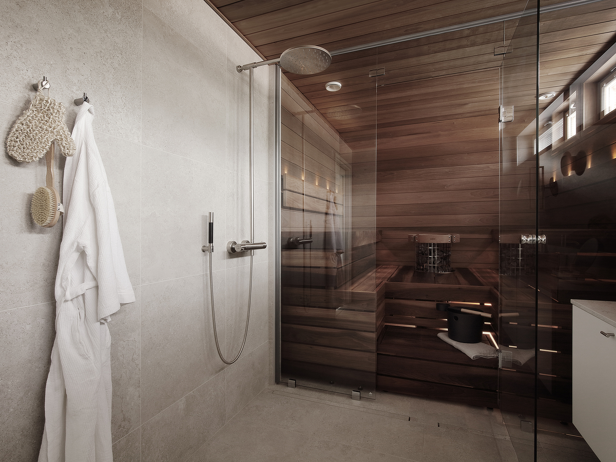 Kuvassa on messutalon kylpyhuoneen suihku ja takana näkyy sauna.